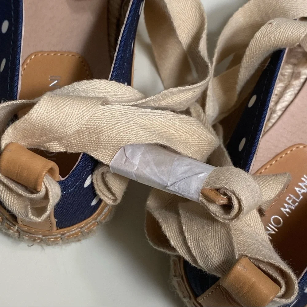 Antonio Melani Luluna Ankle Wrap Jute Espadrille Slip On Polka Dot Flat Navy 7.5